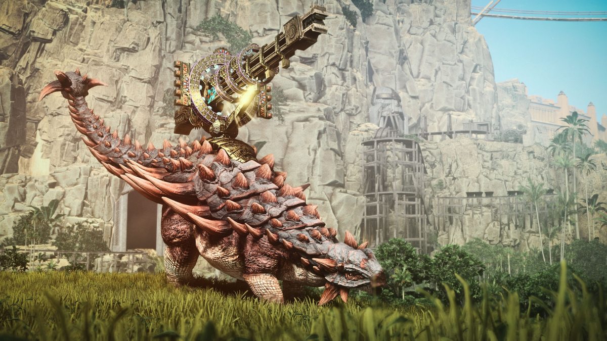 Total War: Warhammer 3 dinosaur with a giant solar cannon on its back.